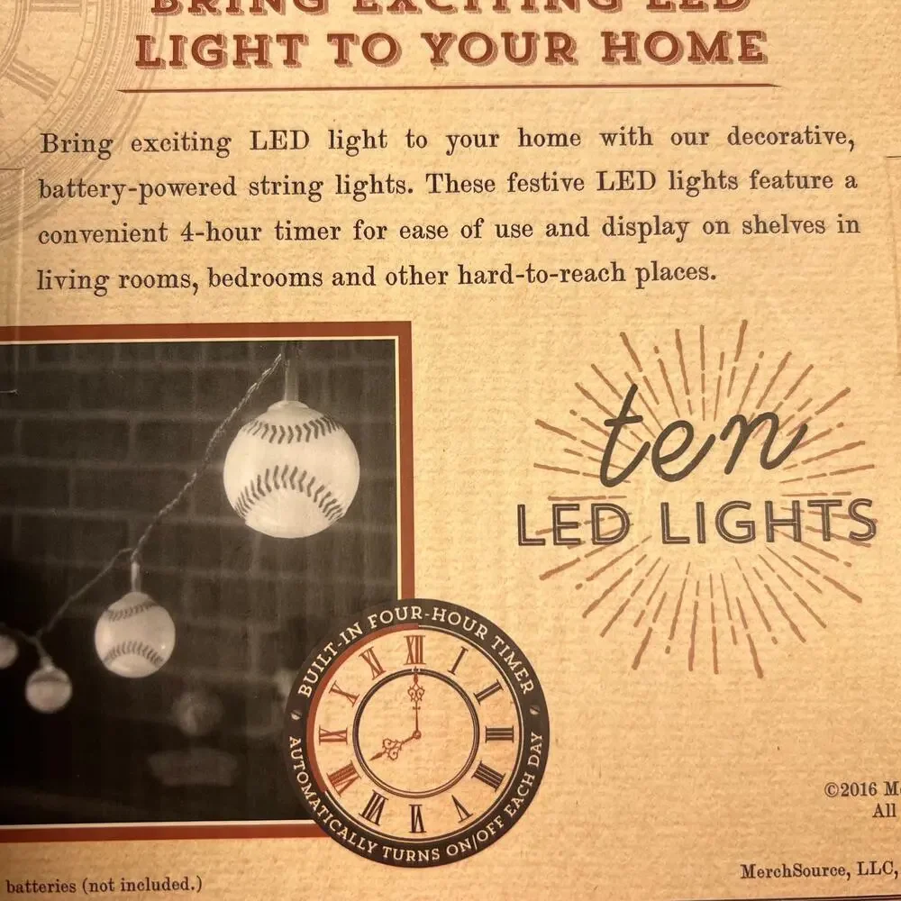 New In Box LED BASEBALL String Lights 4 Hour Timer 10 Foot Long Party Novelty